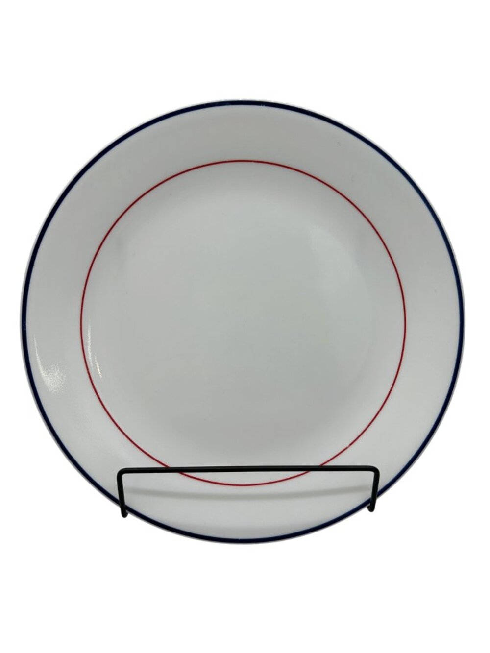 White Ceramic Plate With Red & Blue Accent Rings 10 Inch Dia Vtg Inspired Simple